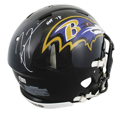 Ravens Ray Lewis "HOF 18" Signed Full Size Speed Proline Helmet W/ Case BAS Wit