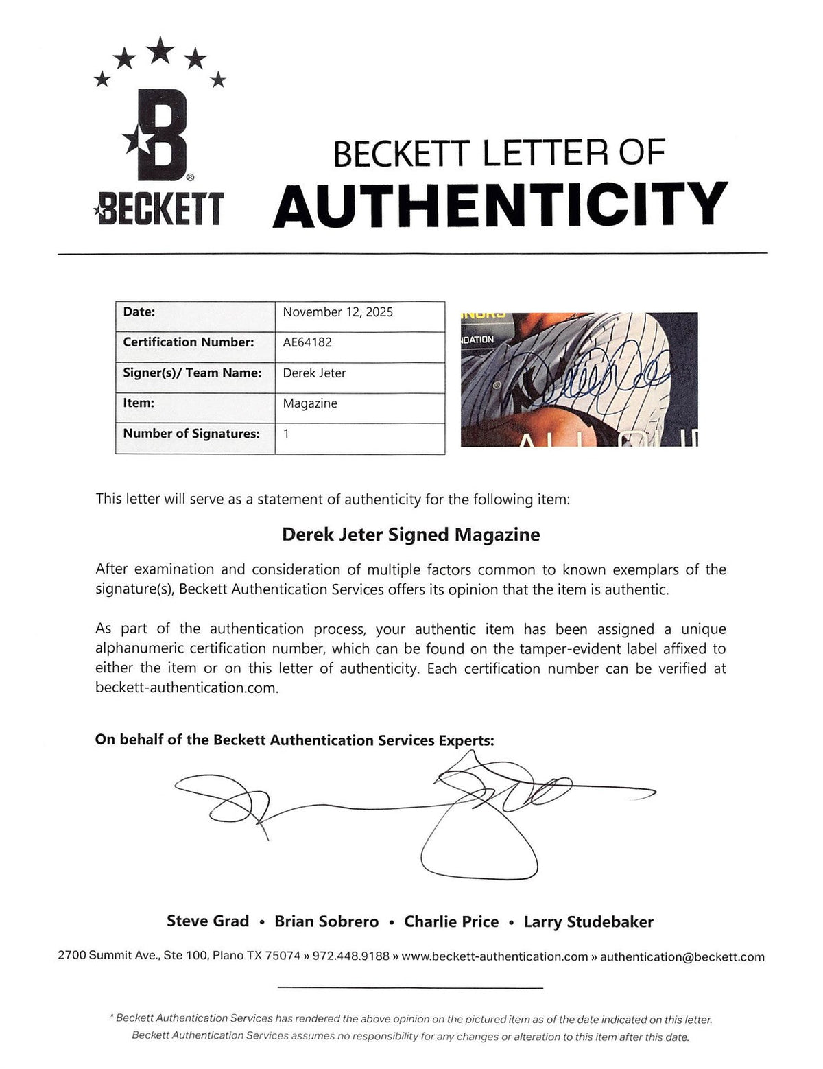 Yankees Derek Jeter Signed September 2014 Yankees Magazine MLB & BAS #AE64182