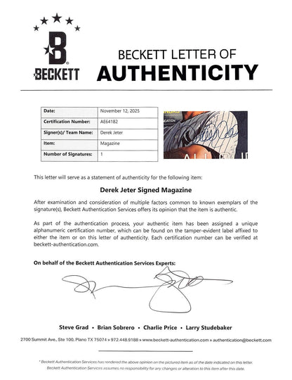 Yankees Derek Jeter Signed September 2014 Yankees Magazine MLB & BAS #AE64182