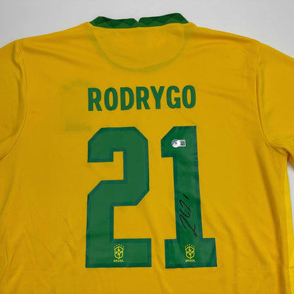Autographed/Signed Rodrygo Silva de Goes Brazil Yellow Soccer Jersey Beckett COA