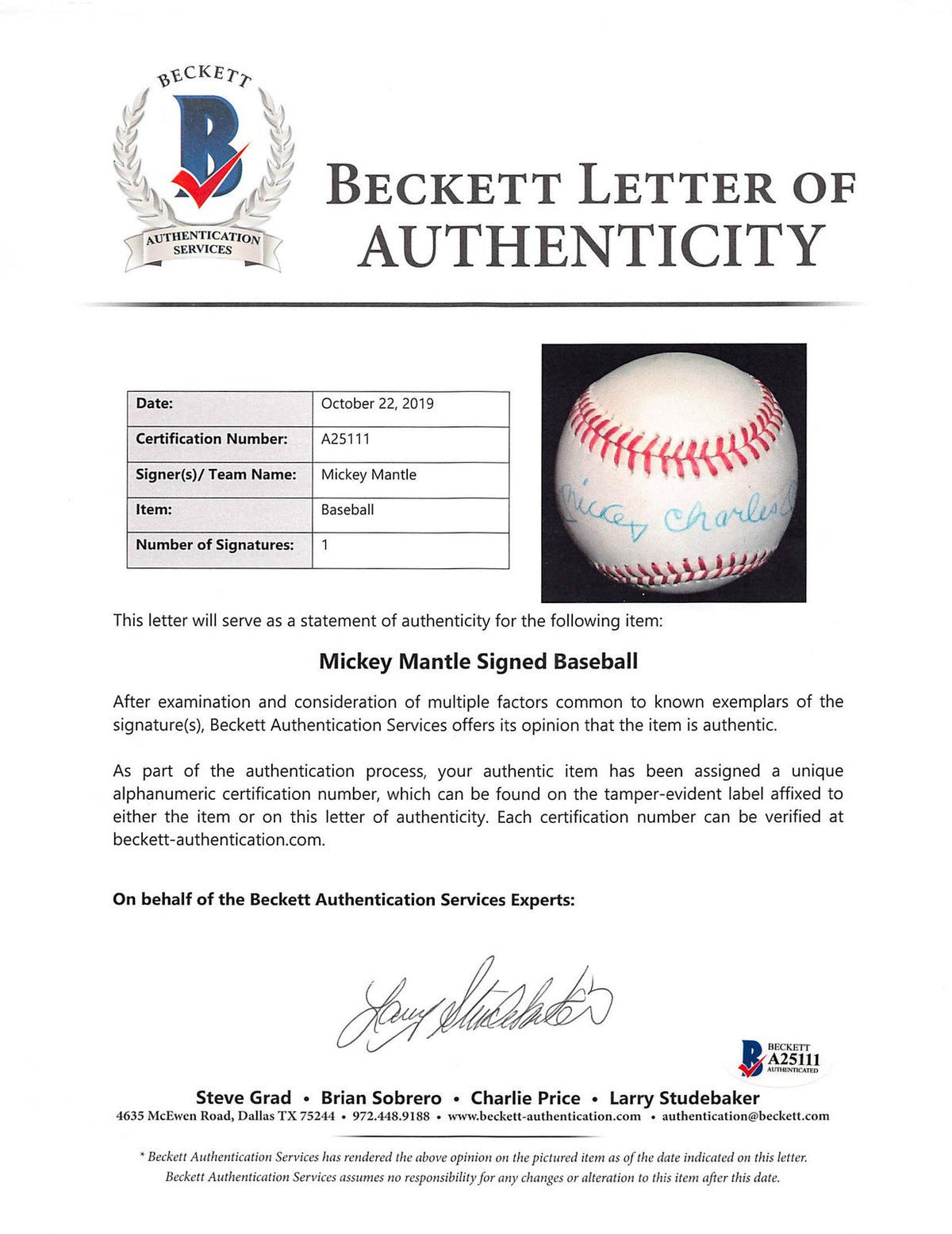 Yankees Mickey Charles Mantle Authentic Signed Oal Baseball PSA & BAS LOAs