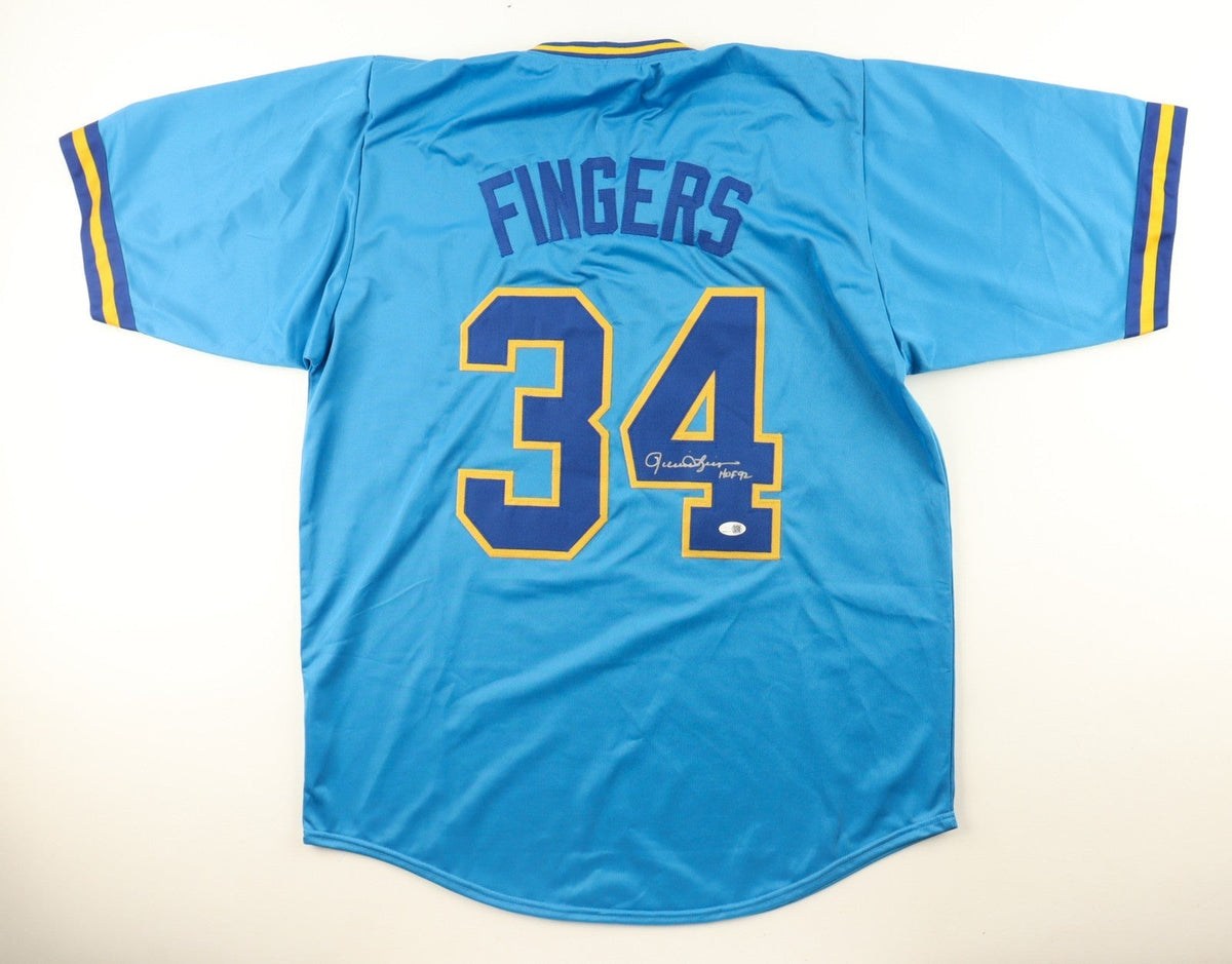 Rollie Fingers Signed Milwaukee Brewers Powder Blue Jersey Inscribed HOF 92 /JSA