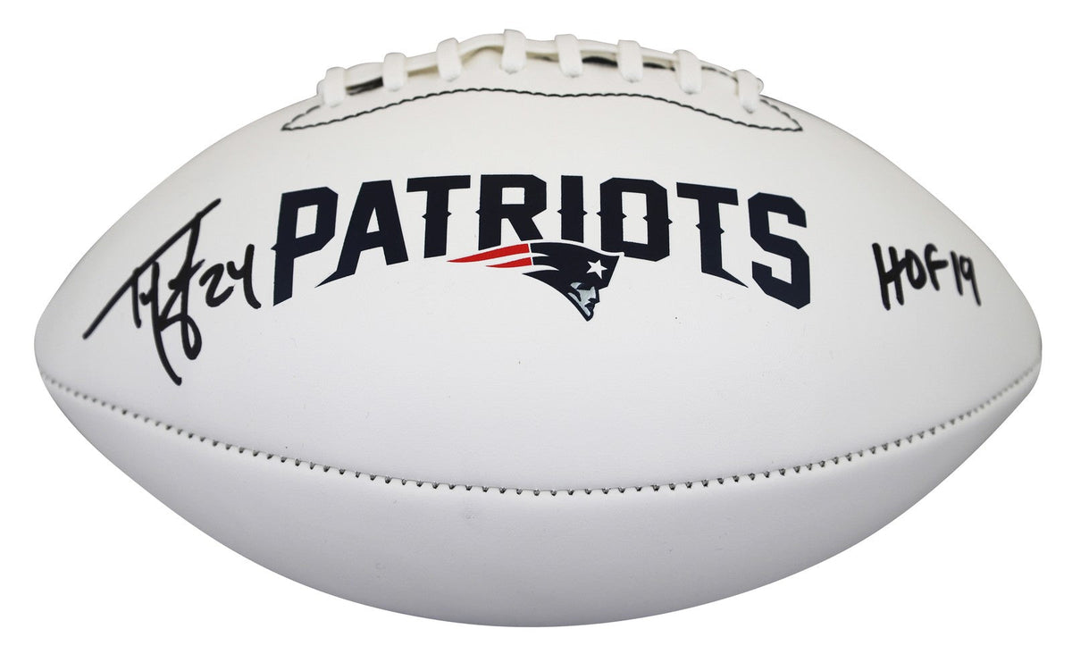 Patriots Ty Law "HOF 19" Signed Franklin White Panel Logo Football W/ Case BAS W