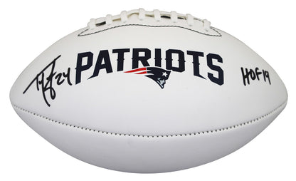 Patriots Ty Law "HOF 19" Signed Franklin White Panel Logo Football W/ Case BAS W