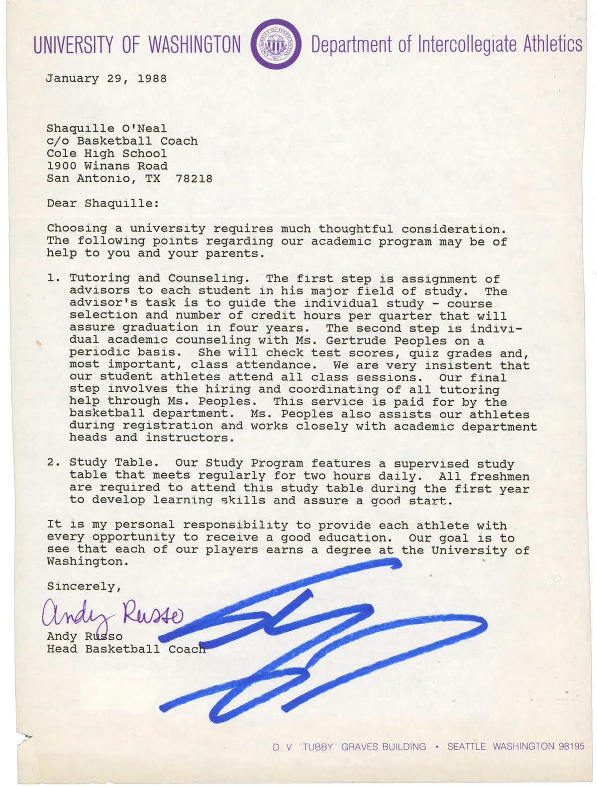 Shaquille O'Neal Signed 1988 University of Washington Recruitment Letter BAS