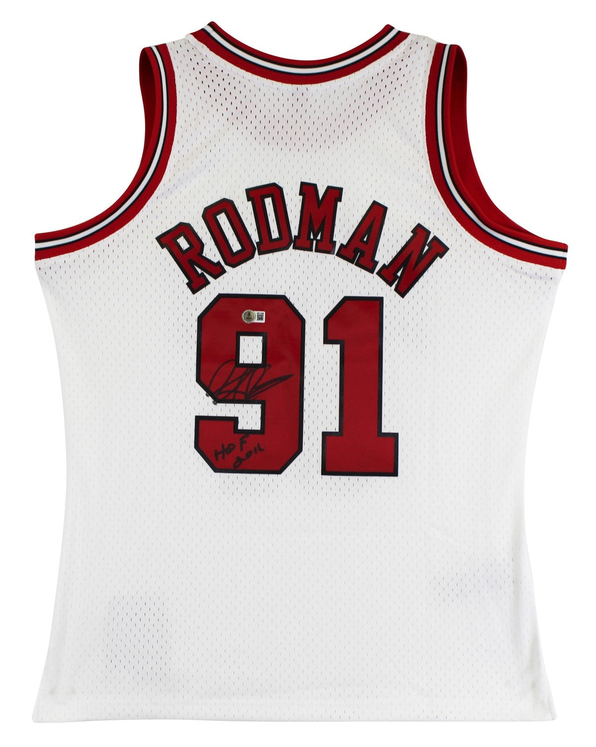 Bulls Dennis Rodman "HOF 2011" Signed White M&N HWC Swingman Jersey BAS Witness