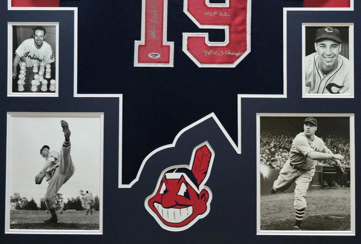 FRAMED CLEVELAND INDIANS BOB FELLER AUTOGRAPHED 3x INSCRIBED JERSEY PSA COA