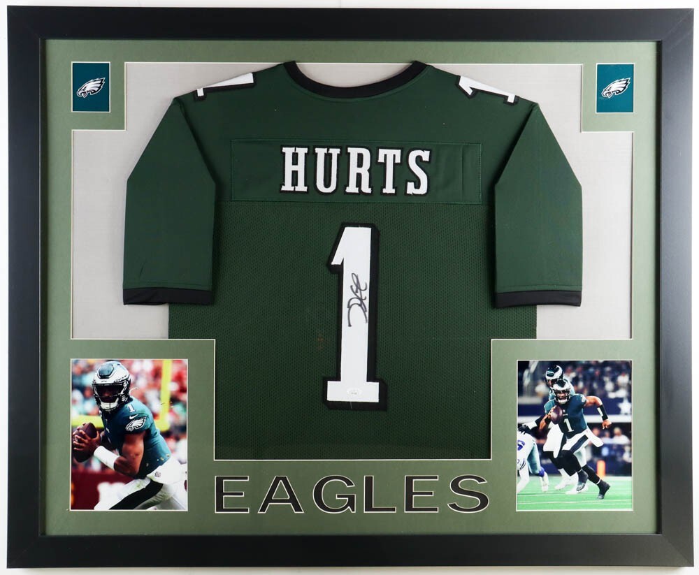 Jalen Hurts Signed Philadelphia Eagles 35 x 43 Framed Jersey (JSA QR Code ) Q.B