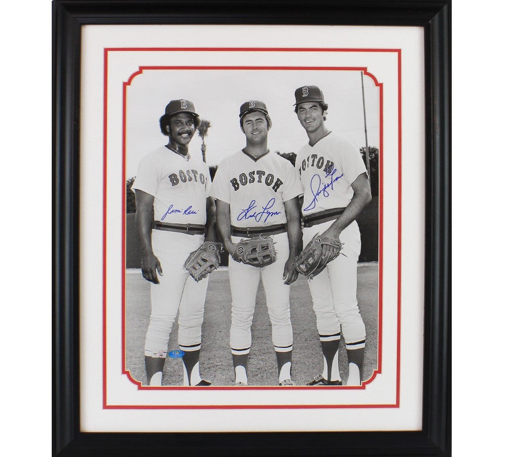 Fred Lynn, Jim Rice, Dwight Evans Signed Boston Red Sox Framed 16x20 B&W Photo