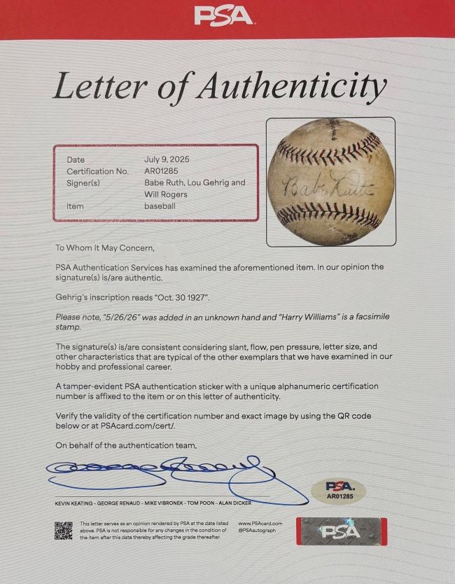 Babe Ruth Lou Gehrig Rogers Yankees Signed Pacific League Baseball PSA+BAS LOA